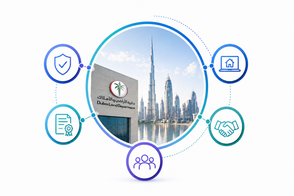 Dubai Land Department building responsible for property registration and transfer fees