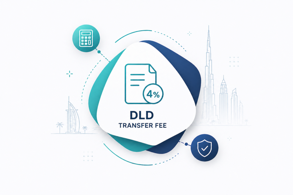 Infographic showing 4% DLD transfer fee calculation on Dubai property purchase