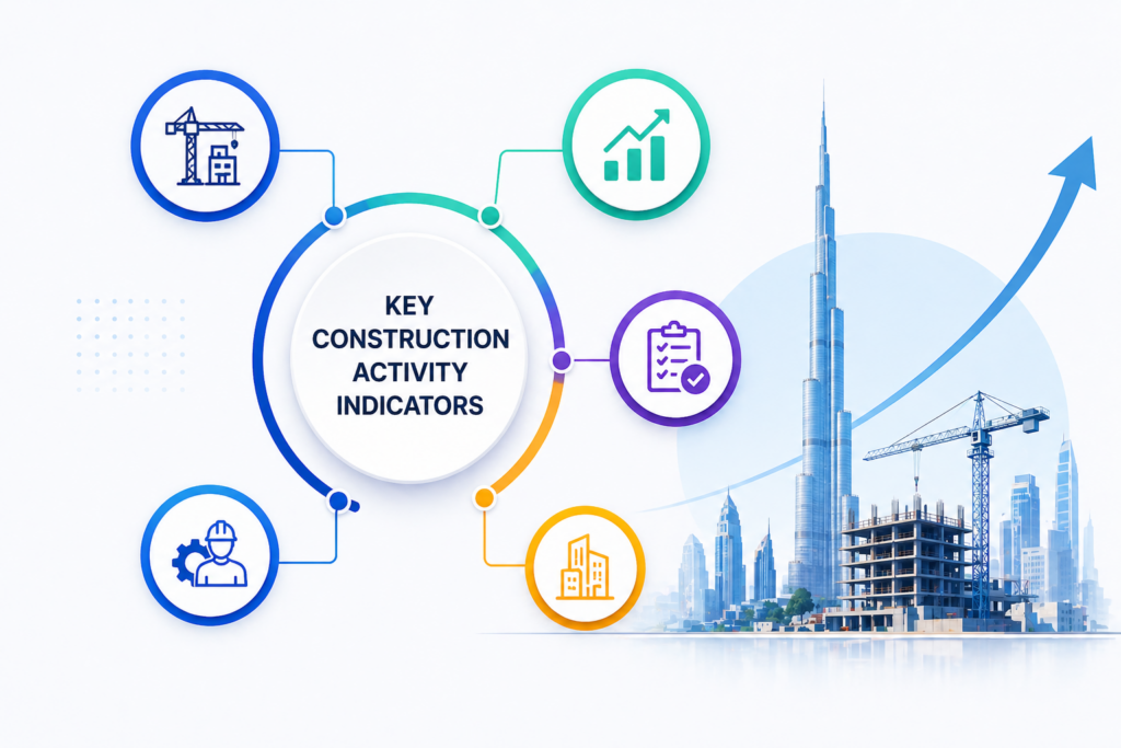 Dubai construction activity indicators Q1 2026 - concrete supply, inspections, and completion certificates